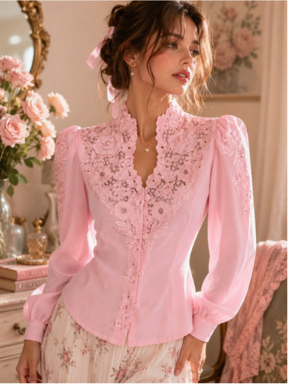 Vintage Tesoro's Manila Pink Silk Embroidered Lace Blouse Poetcore Size 10